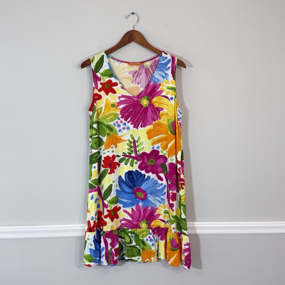 Jams World Mini Dress Womans Lg Flower Party Floral Sleeveless V Neck *Flawed*
